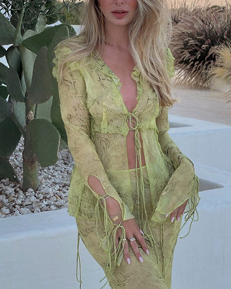 Fleur Printed Ruffle Coord Skirt Set - close-up shot, lime green marble print - Miss Mosa By Akanksha