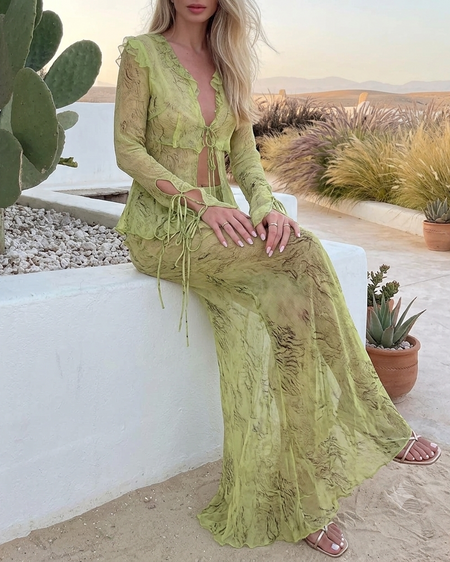 Fleur Printed Ruffle Coord Skirt Set - seated full-length shot, lime green marble print - Miss Mosa By Akanksha