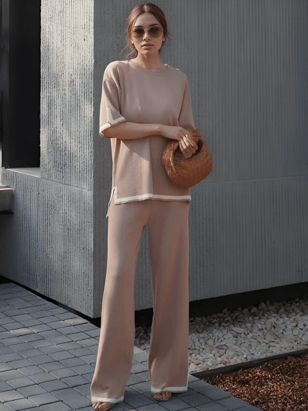 Flexxi Knitted Cotton Co-ord Set - front shot on model, beige - Miss Mosa By Akanksha