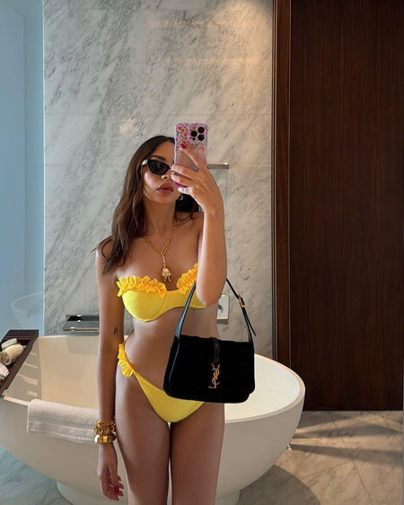 Floral Dream Bikinis - lifestyle shot on model, yellow - Miss Mosa By Akanksha