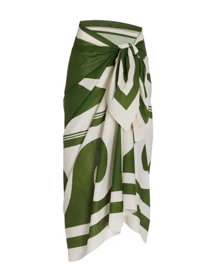 Florin Swimsuit with Sarong Skirt - flat-lay shot of sarong skirt, green and white - Miss Mosa By Akanksha