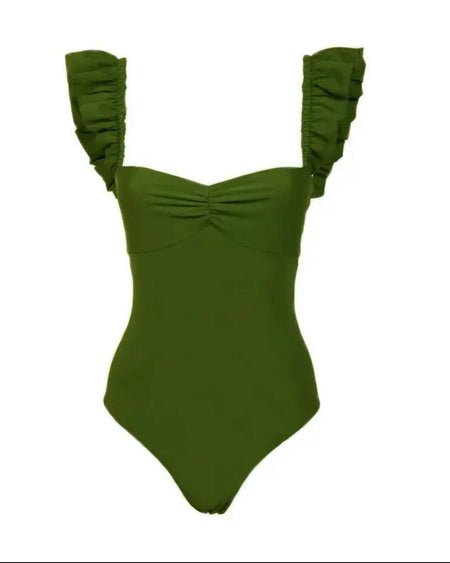 Florin Swimsuit with Sarong Skirt - flat-lay shot of swimsuit, green - Miss Mosa By Akanksha