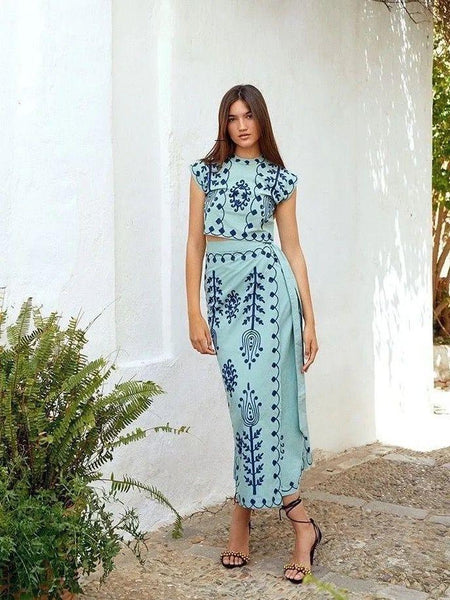Florine Summer Set of Top and Skirt - full-length shot on model, blue - Miss Mosa By Akanksha