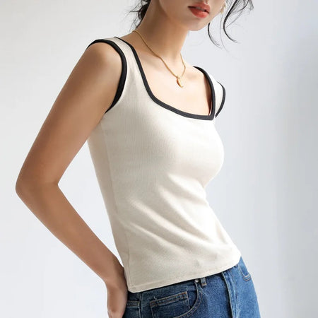 Folio Tank Top - front shot on model, beige - Miss Mosa By Akanksha