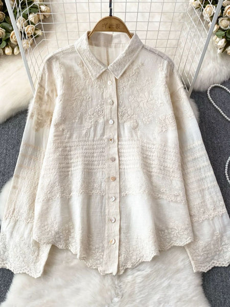 Fory Premium Embroidered Cotton Shirts In Beige - flat-lay product shot of the embroidered shirt - Miss Mosa By Akanksha