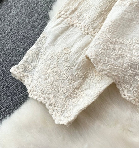 Fory Premium Embroidered Cotton Shirts In Beige - close-up flat-lay shot of the embroidered cuff - Miss Mosa By Akanksha