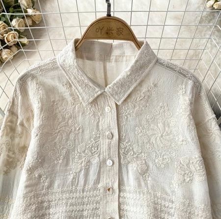Fory Premium Embroidered Cotton Shirts In Beige - close-up flat-lay shot of the collar and buttons - Miss Mosa By Akanksha