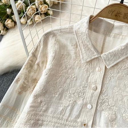 Fory Premium Embroidered Cotton Shirts In Beige - close-up flat-lay shot of the embroidered placket - Miss Mosa By Akanksha