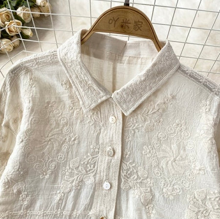 Fory Premium Embroidered Cotton Shirts In Beige - close-up flat-lay shot of the collar - Miss Mosa By Akanksha