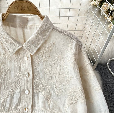 Fory Premium Embroidered Cotton Shirts In Beige - close-up flat-lay shot of the collar and embroidery - Miss Mosa By Akanksha