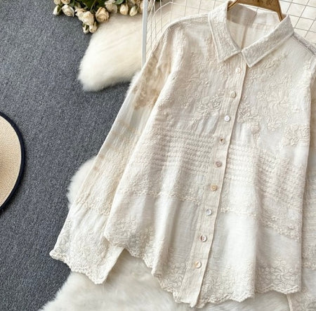 Fory Premium Embroidered Cotton Shirts In Beige - flat-lay product shot of the embroidered shirt - Miss Mosa By Akanksha