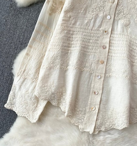 Fory Premium Embroidered Cotton Shirts In Beige - close-up flat-lay shot of the hem and button placket - Miss Mosa By Akanksha
