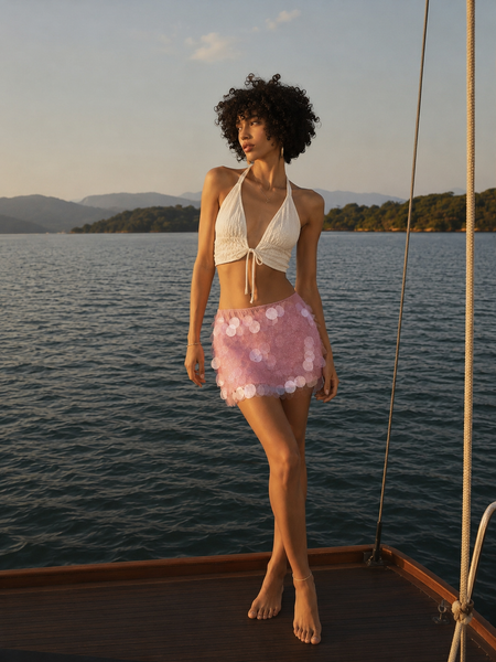 Frankie Sequin Mini Skirt - full-length front shot, pink - Miss Mosa By Akanksha