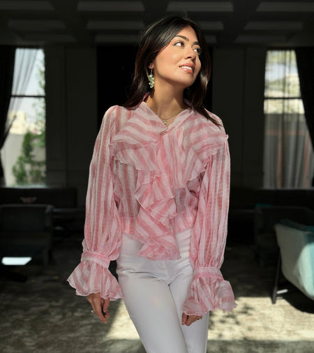 Freida Ruffled Blouse - front shot on model, pink - Miss Mosa By Akanksha