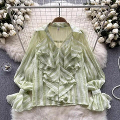 Freida Ruffled Blouse - front shot on hanger, green - Miss Mosa By Akanksha
