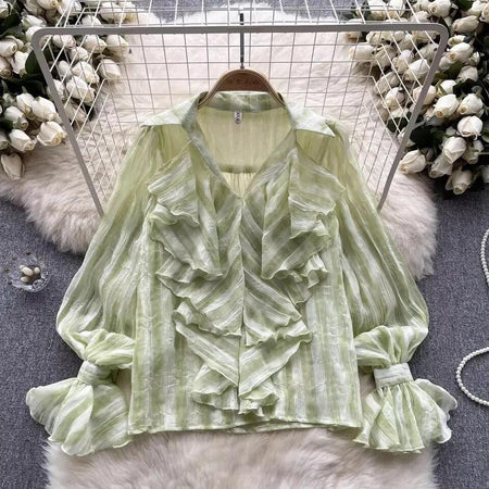 Freida Ruffled Blouse - front shot on hanger, green - Miss Mosa By Akanksha