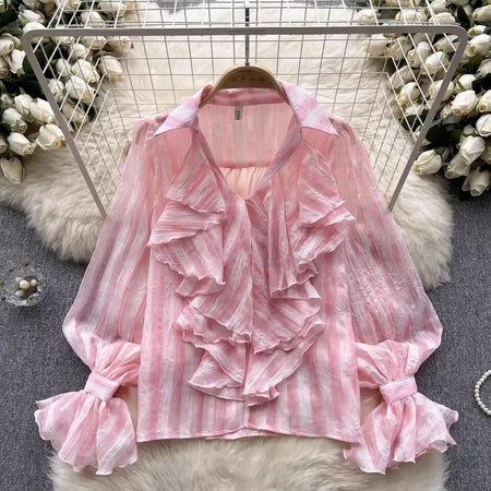 Freida Ruffled Blouse - front shot on hanger, pink - Miss Mosa By Akanksha