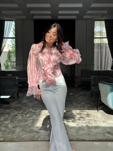 Freida Ruffled Blouse - full-length shot on model, pink - Miss Mosa By Akanksha