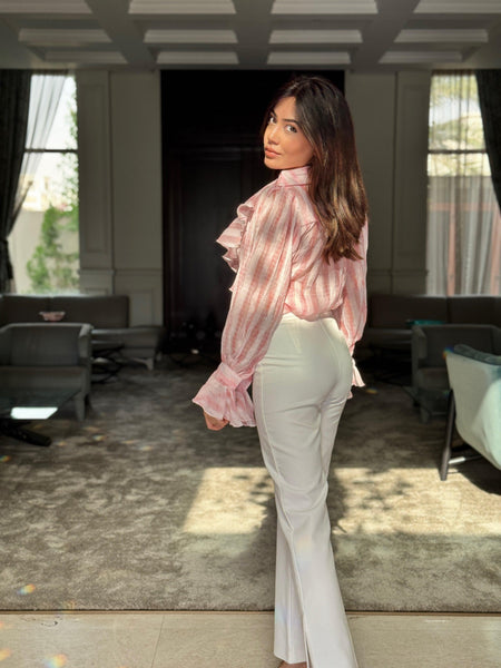 Freida Ruffled Blouse - back shot on model, pink - Miss Mosa By Akanksha