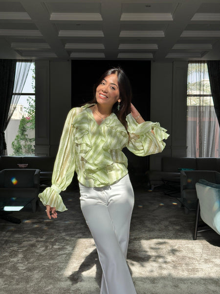Freida Ruffled Blouse - front shot on model, green - Miss Mosa By Akanksha