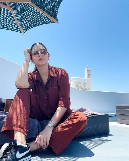 Fresha Summer Two Piece Set - lifestyle shot on model, rust - Miss Mosa By Akanksha