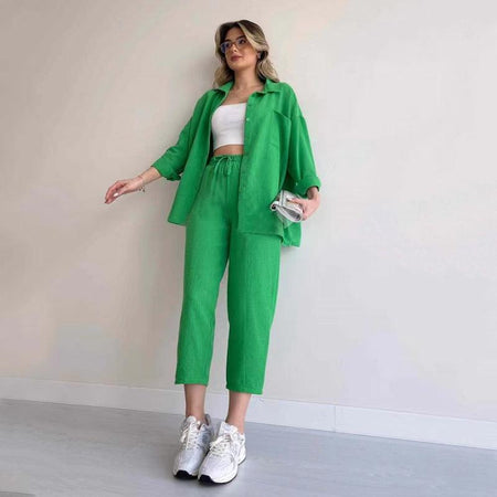 Fresha Summer Two Piece Set - full-length shot on model, green - Miss Mosa By Akanksha