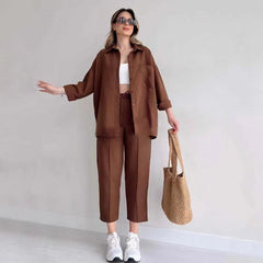 Fresha Summer Two Piece Set - full-length shot on model, brown - Miss Mosa By Akanksha