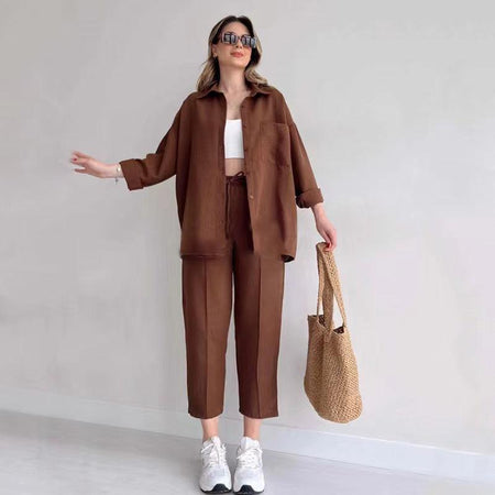 Fresha Summer Two Piece Set - full-length shot on model, brown - Miss Mosa By Akanksha