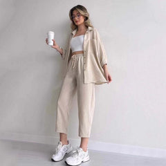 Fresha Summer Two Piece Set - full-length shot on model, beige - Miss Mosa By Akanksha