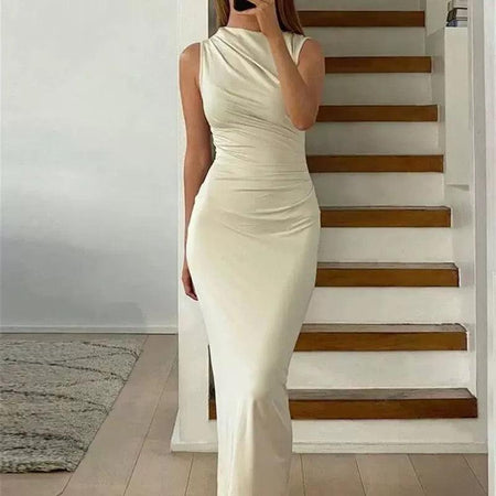 Freya Luxe Pleated Maxi Dress - full-length shot on model, cream - Miss Mosa By Akanksha