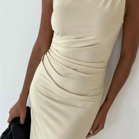 Freya Luxe Pleated Maxi Dress - close-up of waist, cream - Miss Mosa By Akanksha
