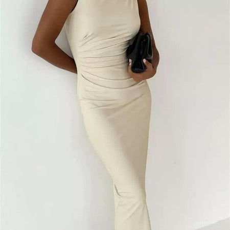 Freya Luxe Pleated Maxi Dress - side shot on model, cream - Miss Mosa By Akanksha