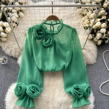 Freya Rosette Blouse - front shot on hanger, green - Miss Mosa By Akanksha