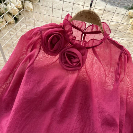 Freya Rosette Blouse - close-up of rosette neckline, pink - Miss Mosa By Akanksha