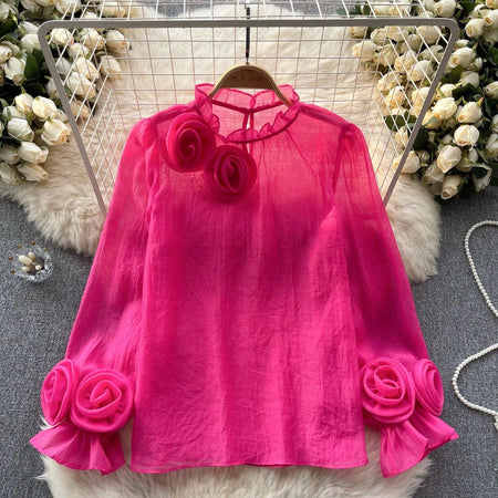 Freya Rosette Blouse - front shot on hanger, pink - Miss Mosa By Akanksha