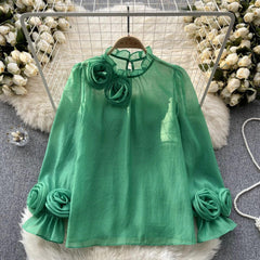 Freya Rosette Blouse - front shot on hanger, green - Miss Mosa By Akanksha