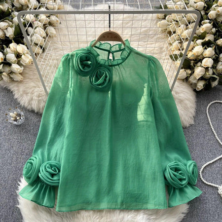 Freya Rosette Blouse - front shot on hanger, green - Miss Mosa By Akanksha
