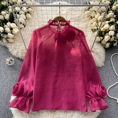 Freya Rosette Blouse - front shot on hanger, pink - Miss Mosa By Akanksha