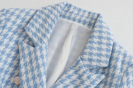 Freya Statement Tweed Blazer in Blue - close-up of lapel, blue - Miss Mosa By Akanksha