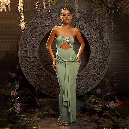 Freza Bodycon Maxi Dress In Pista Green - front shot on model - Miss Mosa By Akanksha
