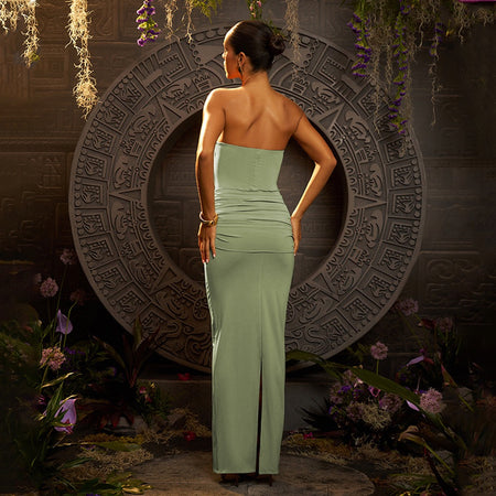 Freza Bodycon Maxi Dress In Pista Green - back shot on model - Miss Mosa By Akanksha
