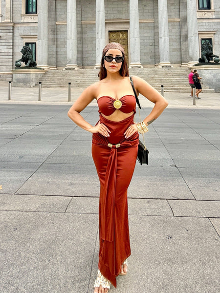 Freza Bodycon Maxi Dress In Rust - full-length shot on model - Miss Mosa By Akanksha