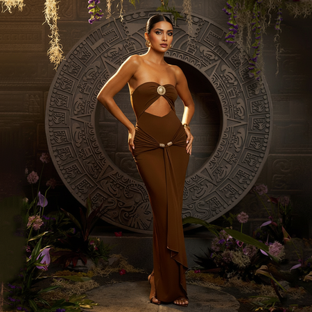 Freza Bodycon Maxi Dress In Rust - front shot on model - Miss Mosa By Akanksha