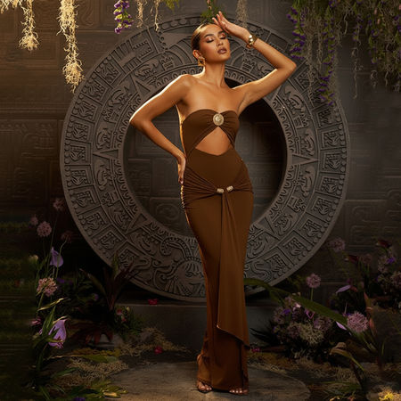 Freza Bodycon Maxi Dress In Rust - front shot on model - Miss Mosa By Akanksha