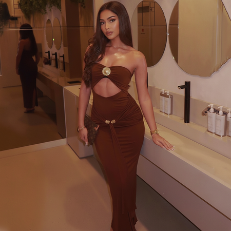 Freza Bodycon Maxi Dress In Rust - side shot on model indoors - Miss Mosa By Akanksha