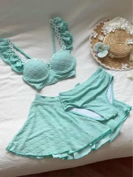 Gabin 2 Pcs Floral Swimsuit With Skirt - flat-lay shot, mint green - Miss Mosa By Akanksha