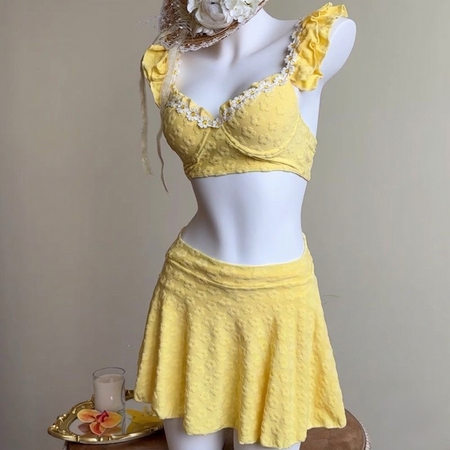 Gabin 2 Pcs Floral Swimsuit With Skirt - styled shot, yellow - Miss Mosa By Akanksha