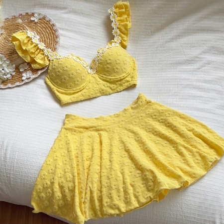 Gabin 2 Pcs Floral Swimsuit With Skirt - flat-lay shot, yellow - Miss Mosa By Akanksha