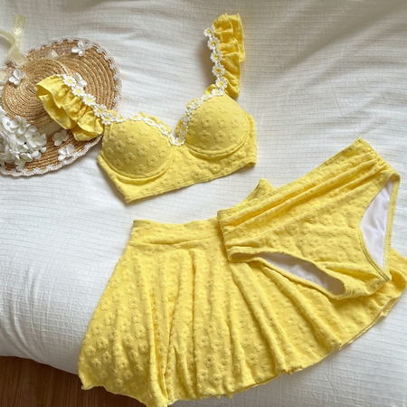 Gabin 2 Pcs Floral Swimsuit With Skirt - flat-lay shot, yellow - Miss Mosa By Akanksha