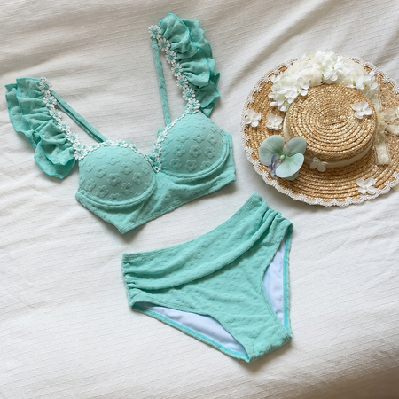 Gabin 2 Pcs Floral Swimsuit With Skirt - flat-lay shot, mint green - Miss Mosa By Akanksha